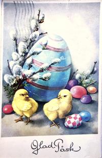 Samlerobjekt - Påskekort med kyllinger og blåt æg
